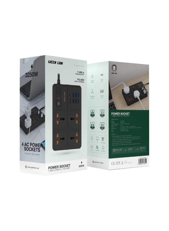 GREEN LION Power Socket GL-PS8A Model 4 AC Socket + 7 USB-A + 1 USB-C 3250W / ABS Cover Material / UK Socket / Power Button / 2M Cable Length for TV / PC / Home Cinema / Router / Video Games / Insight Printer / USB-C (PD-20W) / UK Plug with Fuse / 13A / 250V~ / 3250W Rated / Child Safe Design / 4 Safety Shutter Protection / 12 Devices Supports / Wall Mounting / Overload Protection - Black - Image 3