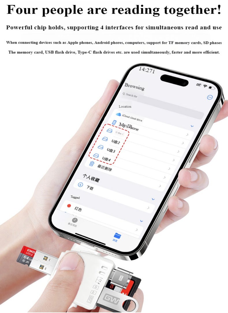 Healife 7-in-1 card reader, 4-port simultaneous reading, USB flash drive, headphone adapter, hard drive adapter, suitable for USB-C laptops and mobile devices  - Image 4