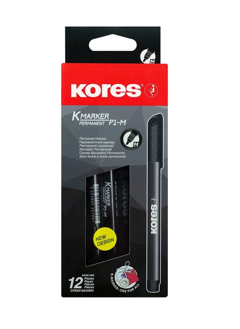 Kores Permanent Marker Fine Fibre Tip, Black Color, Pack of 12  - Image 1