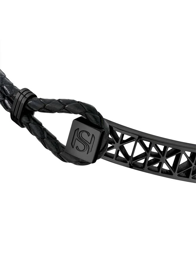 Saint Honore Paris Champ De Mars Mens Black Leather & Stainless Steel Thick Bracelet 50x60Mm - B50 7N