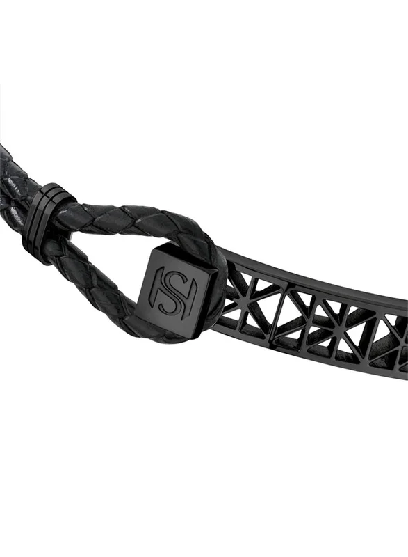 Saint Honore Paris Champ De Mars Mens Black Leather & Stainless Steel Thick Bracelet 50x60Mm - B50 7N