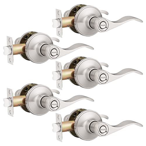 Probrico (5 Pack Privacy Door Lever[Thumb Turn Lock on The Inside],Locking Door Handle Set for Bedroom & Bathroom Doors,Keyless Satin Nickel Finish Wave Door Lock, Reversible Right & Left Side Handed - Image 1