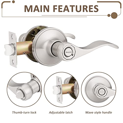 Probrico (5 Pack Privacy Door Lever[Thumb Turn Lock on The Inside],Locking Door Handle Set for Bedroom & Bathroom Doors,Keyless Satin Nickel Finish Wave Door Lock, Reversible Right & Left Side Handed - Image 2