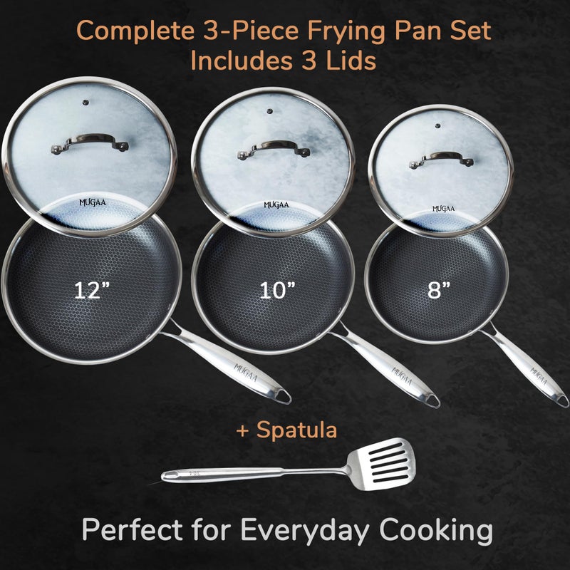 MUGAA Stainless Steel Frying Pan Set, Sartenes de Acero Inoxidable 3-Piece Honeycomb Nonstick Skillets 8", 10", 12" With Lids, Spatula, Oven & Induction Compatible, Dishwasher Safe Pan Set - Image 2