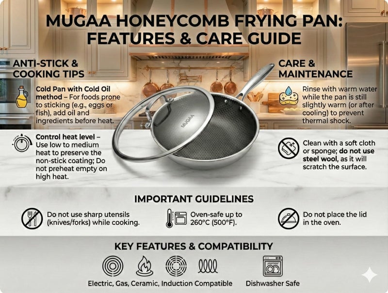 MUGAA Stainless Steel Frying Pan Set, Sartenes de Acero Inoxidable 3-Piece Honeycomb Nonstick Skillets 8", 10", 12" With Lids, Spatula, Oven & Induction Compatible, Dishwasher Safe Pan Set - Image 5