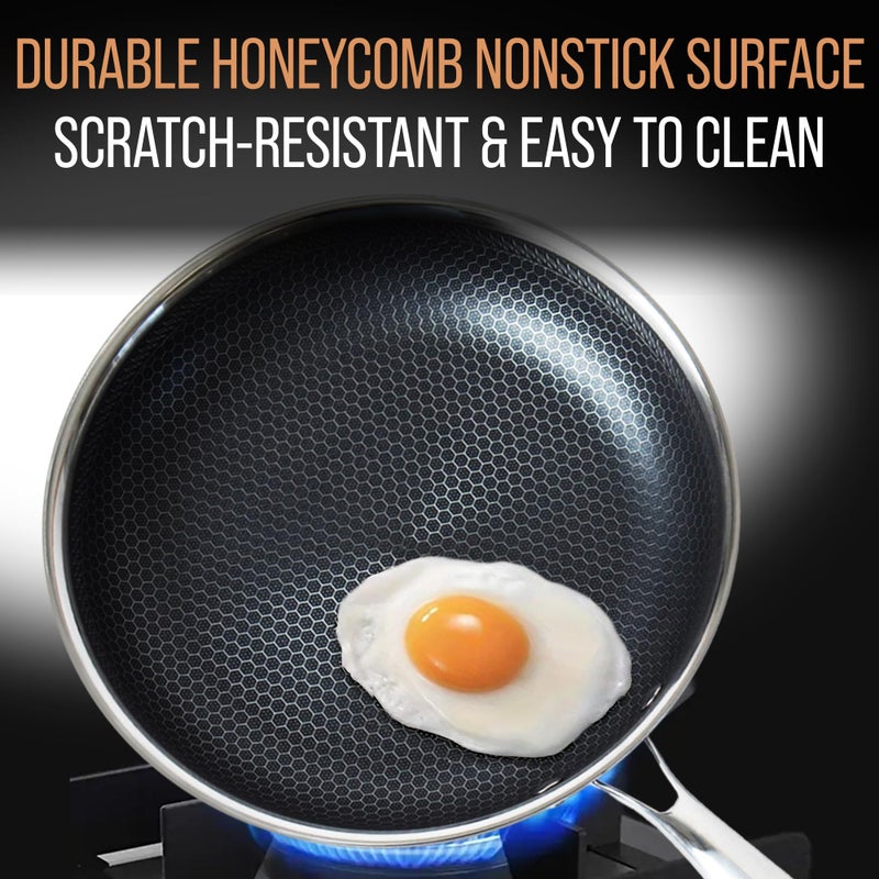 MUGAA Stainless Steel Frying Pan Set, Sartenes de Acero Inoxidable 3-Piece Honeycomb Nonstick Skillets 8", 10", 12" With Lids, Spatula, Oven & Induction Compatible, Dishwasher Safe Pan Set - Image 3