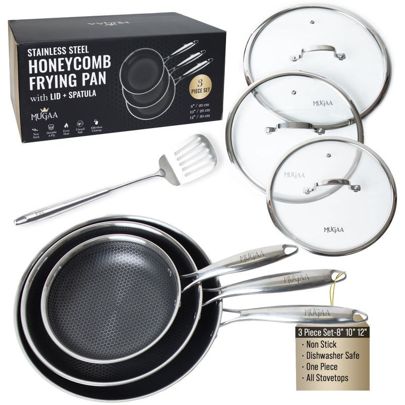 MUGAA Stainless Steel Frying Pan Set, Sartenes de Acero Inoxidable 3-Piece Honeycomb Nonstick Skillets 8", 10", 12" With Lids, Spatula, Oven & Induction Compatible, Dishwasher Safe Pan Set - Image 1