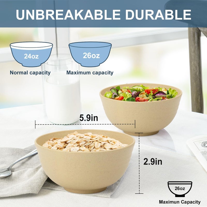 BUSOKIP Soup Bowls 26oz, Wheat Straw Bowls Set of 6, Unbreakable Cereal & Popcorn Bowls, Microwave & Dishwasher Safe Prep Bowl for Outdoor, Picnic, Hiking, Beach - Beige - Image 2