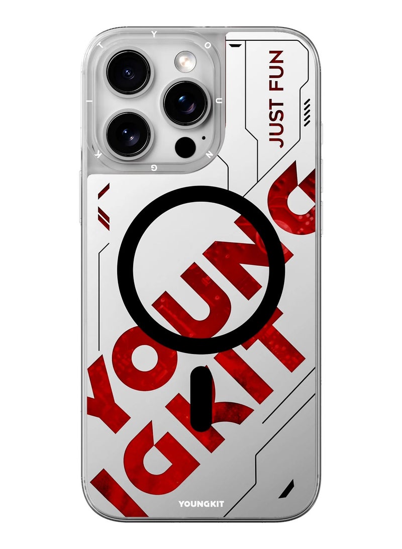 YOUNG KIT Futuristic Red Luminous Quicksand Case for iPhone 16 Pro Max – Glow-in-the-Dark Design with Bold Typography & Sleek Contours - Image 1