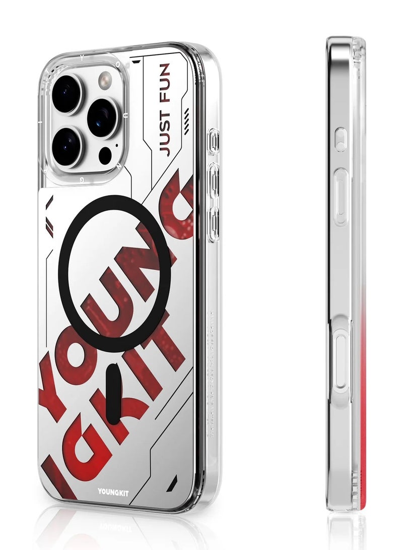 YOUNG KIT Futuristic Red Luminous Quicksand Case for iPhone 16 Pro Max – Glow-in-the-Dark Design with Bold Typography & Sleek Contours - Image 2