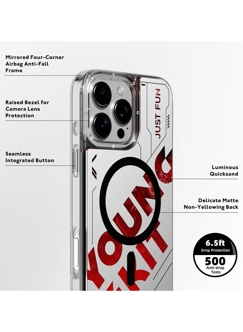 YOUNG KIT Futuristic Red Luminous Quicksand Case for iPhone 16 Pro Max – Glow-in-the-Dark Design with Bold Typography & Sleek Contours - Image 3
