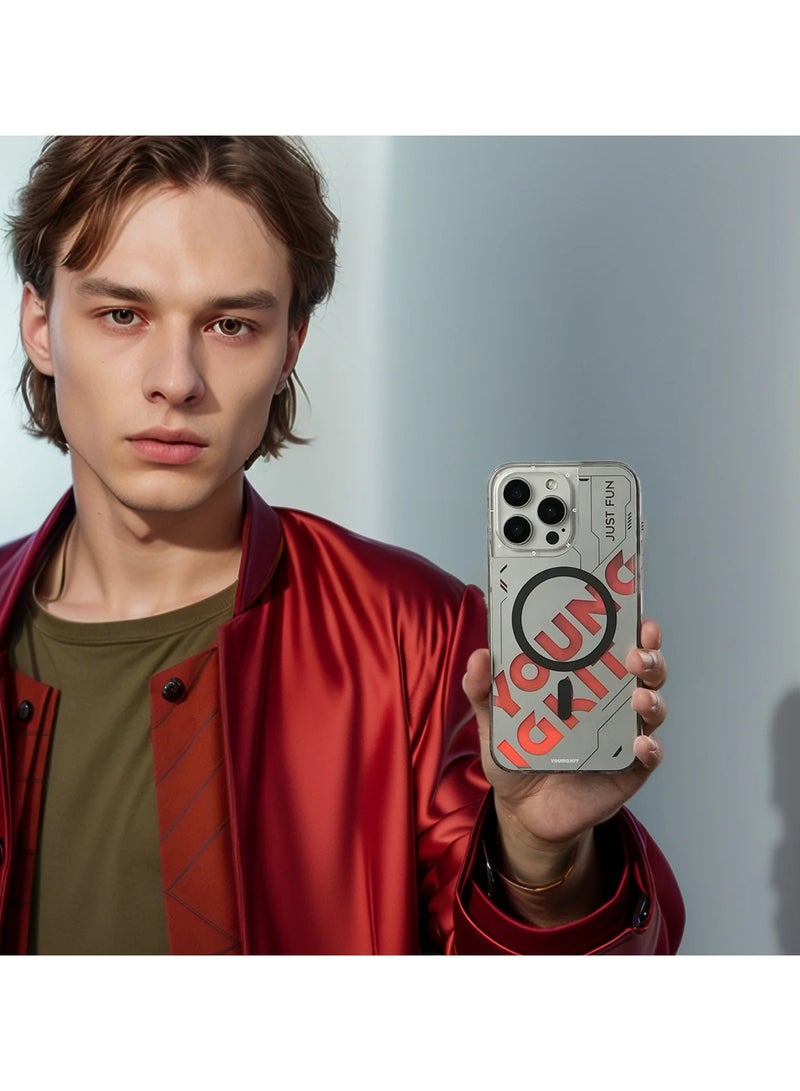 YOUNG KIT Futuristic Red Luminous Quicksand Case for iPhone 16 Pro Max – Glow-in-the-Dark Design with Bold Typography & Sleek Contours - Image 4