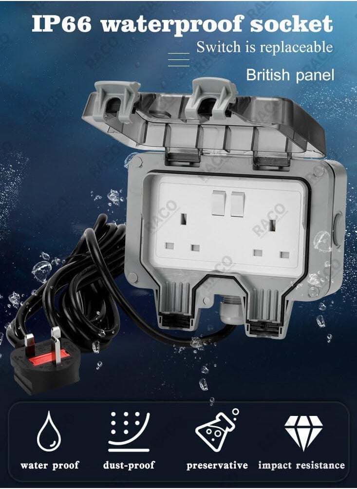 RACO RACO Waterproof Socket Extension Board | Heavy-Duty Cable Power Cord Socket Cover | IP66 Rated 13A UK Plug,220-250V Socket, Ideal for Various Outdoor Uses 5 Meter, Double Socket  - Image 3