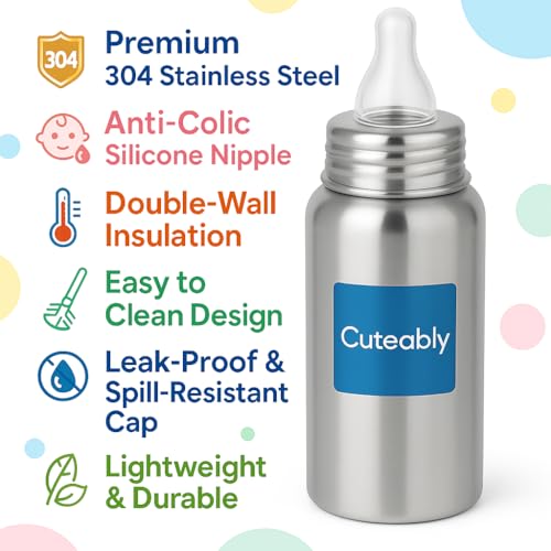 Cuteably Stainless Steel Baby Bottle | Wide Mouth Anti-Colic Nipple | BPA-Free Rust-Free Bottles for Kids (300 ML) - Image 5