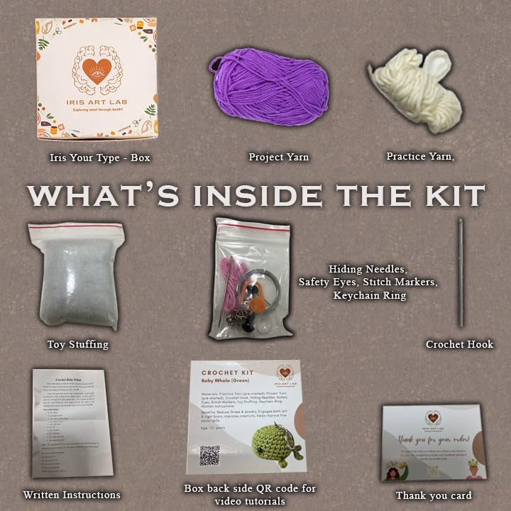 Generic Iris Art Lab Handmade PurpleGreen Baby Whale Keychain Beginner FriendlyCrochet DIY Kit with tools and step by step video instructions  - Image 5