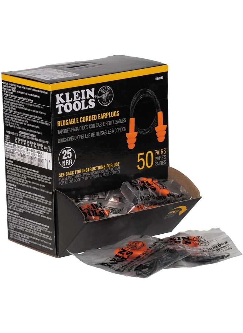 Klein Tools Klein Tools 6050350 Corded Earplugs, 25dB NRR, Reusable Orange Ear Protection in Dispenser for Construction, Loud Noise Reduction, 50-Pack 