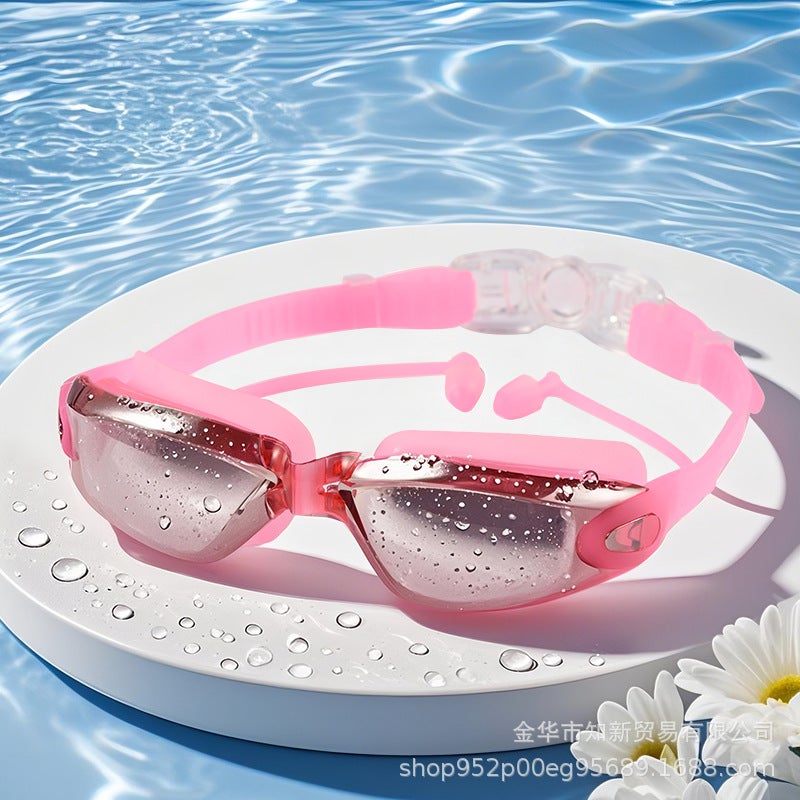 Generic Anti-Fog Waterproof Swimming Goggles with Earplugs Plating pink