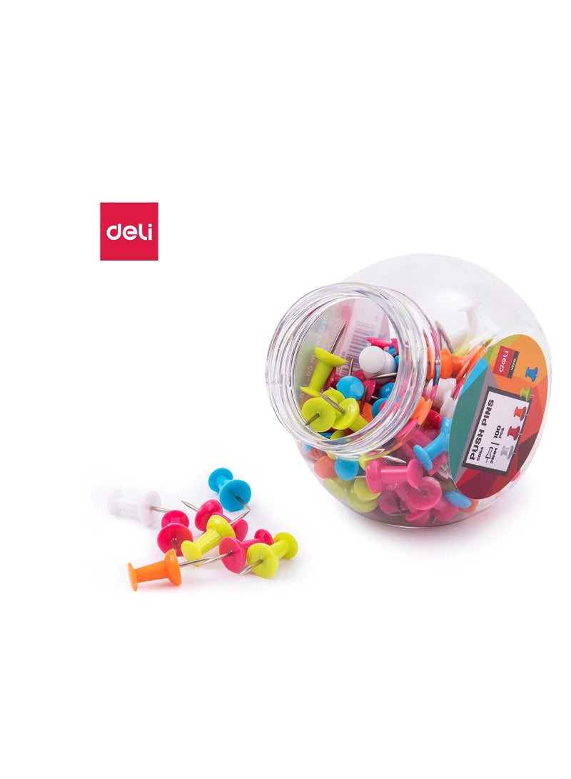 Deli دبابيس دفع، 200 قطعة بألوان متنوعة دبابيس إبهام، دبابيس رسم دبابيس خريطة برأس بلاستيكي ملون دبوس فولاذي للوحة الإعلانات، علامات القماش والحرف اليدوية وتنظيم المكتب، لوح الفلين 5 ألوان - Image 2