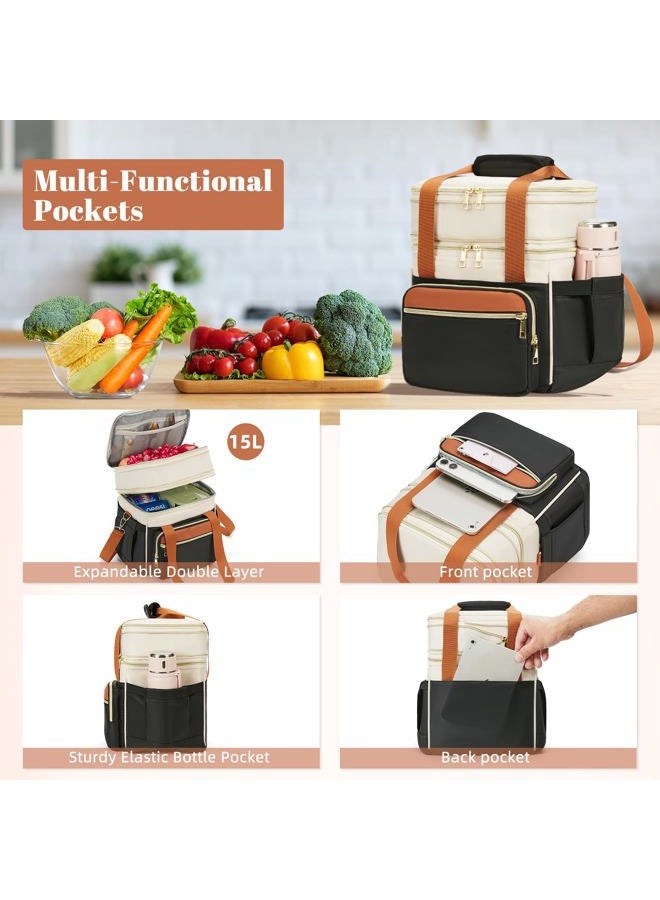 holuxer Insulated Lunch Bag & Lunch Box for Women - Double Deck Reusable Lunch Bag for men Tote Cooler Bag Leakproof Soft Expandable - Large Lunchbox for Work/Adult/Picnic/Outdoor (Coffee Black，15L) - Image 3