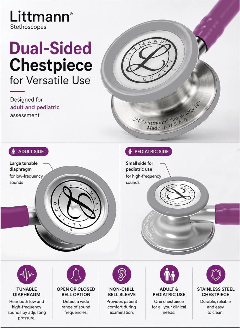 3M Littmann Cardiology IV Diagnostic Stethoscope 6156 Plum Tube 27 Inch Professional Cardiology Grade Stethoscope with High Acoustic Sensitivity Dual Sided Stainless Steel Chestpiece Double Lumen Tubing Tunable Diaphragm Soft Sealing Ear Tips Adult and Pediatric Use Non Chill Bell Sleeve Extra Ear Tips for Doctors Nurses Medical Students ICU ED Clinical Examination - Image 4