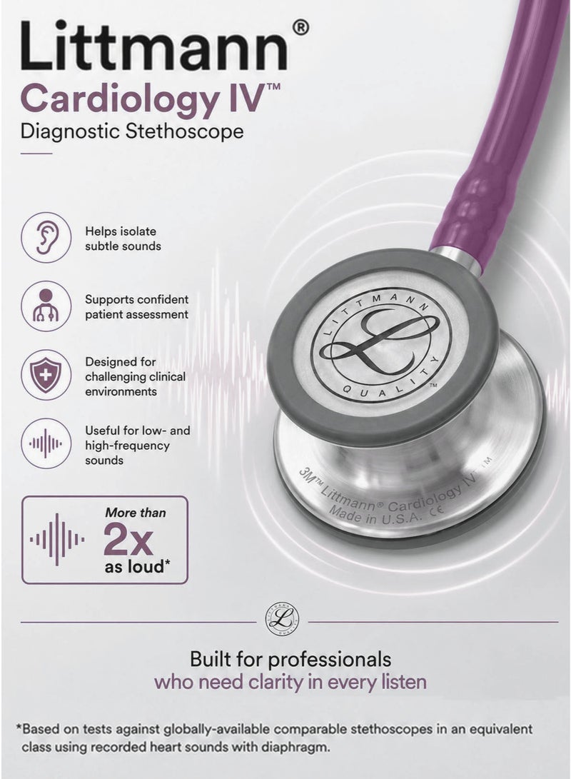 3M Littmann Cardiology IV Diagnostic Stethoscope 6156 Plum Tube 27 Inch Professional Cardiology Grade Stethoscope with High Acoustic Sensitivity Dual Sided Stainless Steel Chestpiece Double Lumen Tubing Tunable Diaphragm Soft Sealing Ear Tips Adult and Pediatric Use Non Chill Bell Sleeve Extra Ear Tips for Doctors Nurses Medical Students ICU ED Clinical Examination - Image 3