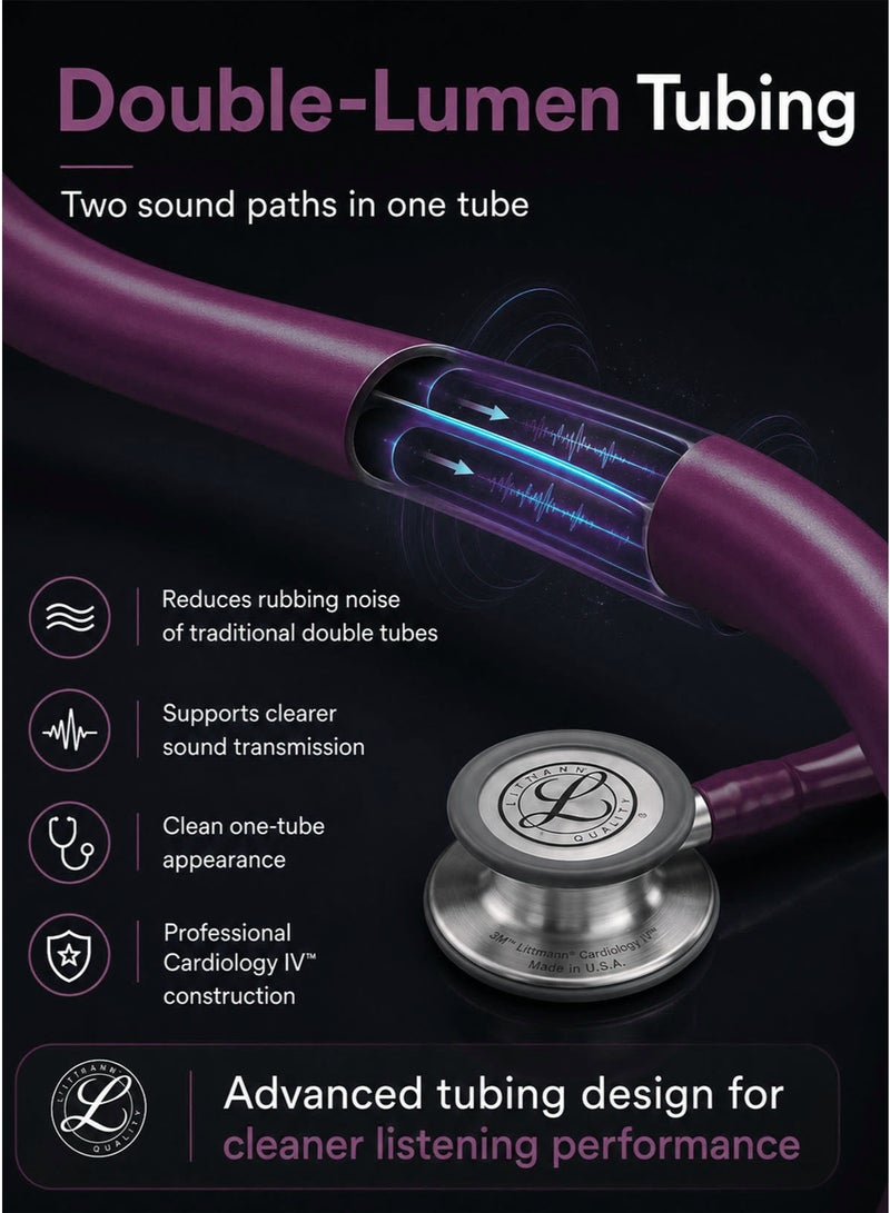 3M Littmann Cardiology IV Diagnostic Stethoscope 6156 Plum Tube 27 Inch Professional Cardiology Grade Stethoscope with High Acoustic Sensitivity Dual Sided Stainless Steel Chestpiece Double Lumen Tubing Tunable Diaphragm Soft Sealing Ear Tips Adult and Pediatric Use Non Chill Bell Sleeve Extra Ear Tips for Doctors Nurses Medical Students ICU ED Clinical Examination - Image 5