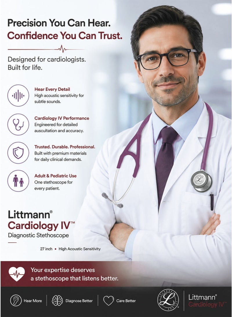 3M Littmann Cardiology IV Diagnostic Stethoscope 6156 Plum Tube 27 Inch Professional Cardiology Grade Stethoscope with High Acoustic Sensitivity Dual Sided Stainless Steel Chestpiece Double Lumen Tubing Tunable Diaphragm Soft Sealing Ear Tips Adult and Pediatric Use Non Chill Bell Sleeve Extra Ear Tips for Doctors Nurses Medical Students ICU ED Clinical Examination - Image 2