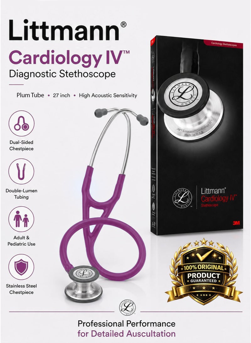 3M Littmann Cardiology IV Diagnostic Stethoscope 6156 Plum Tube 27 Inch Professional Cardiology Grade Stethoscope with High Acoustic Sensitivity Dual Sided Stainless Steel Chestpiece Double Lumen Tubing Tunable Diaphragm Soft Sealing Ear Tips Adult and Pediatric Use Non Chill Bell Sleeve Extra Ear Tips for Doctors Nurses Medical Students ICU ED Clinical Examination - Image 1