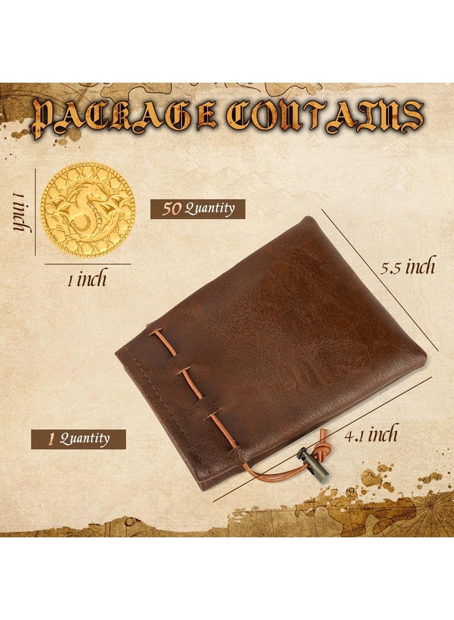 Byhoo 50 قطعة عملات معدنية ذهبية خيالية من المعدن وجراب جلدي لألعاب الطاولة Dungeons & Dragons ، رموز ألعاب الطاولة ، عملات الكنز لملحقات ألعاب الحفلات ، إضافات ألعاب العصور الوسطى - Image 2