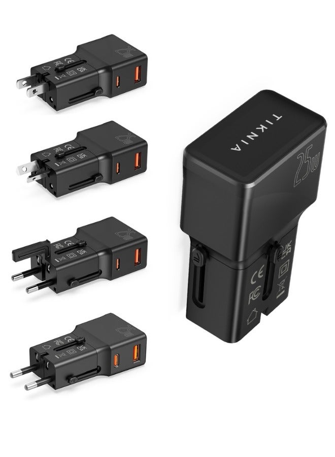 TIKNIA Universal Travel Adapter 25W – All-in-One Worldwide Travel Plug Adapter – International Power Adapter with USB-C 25W and USB-A 18W Charging Ports for USA, UK, EU, AUS, CN, JP - Pocket Size