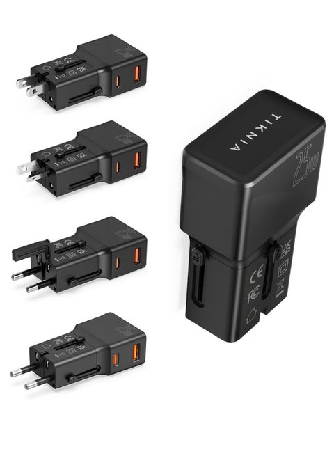 TIKNIA Universal Travel Adapter 25W – All-in-One Worldwide Travel Plug Adapter – International Power Adapter with USB-C 25W and USB-A 18W Charging Ports for USA, UK, EU, AUS, CN, JP - Pocket Size