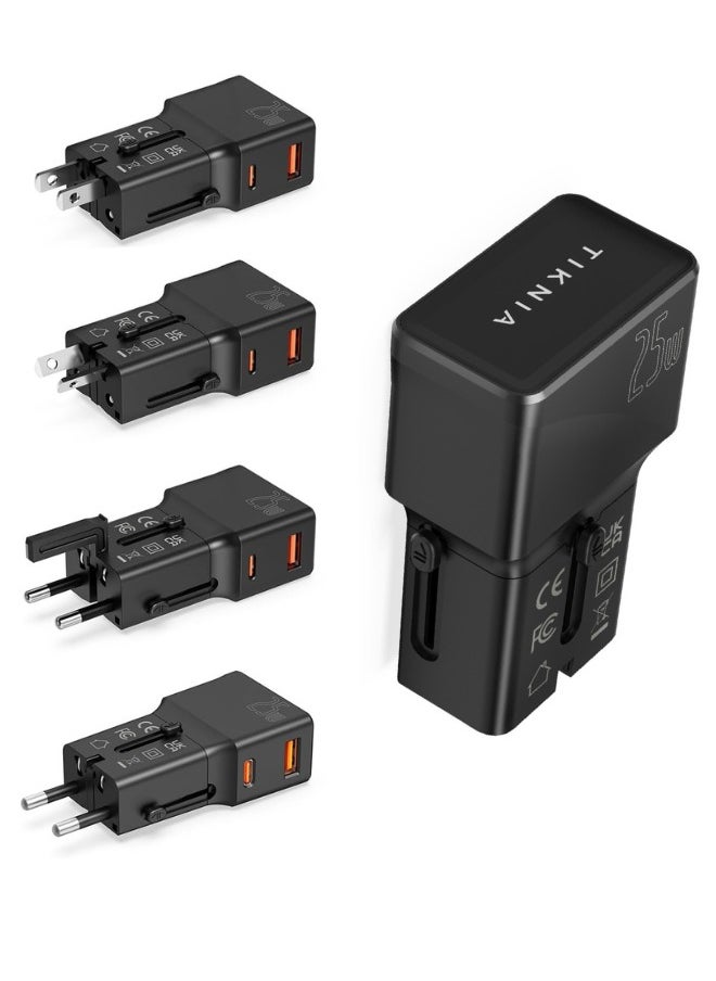 TIKNIA - TIKNIA Universal Travel Adapter 25W – All-in-One Worldwide Travel Plug Adapter – International Power Adapter with USB-C 25W and USB-A 18W Charging Ports for USA, UK, EU, AUS, CN, JP - Pocket Size - Image 1