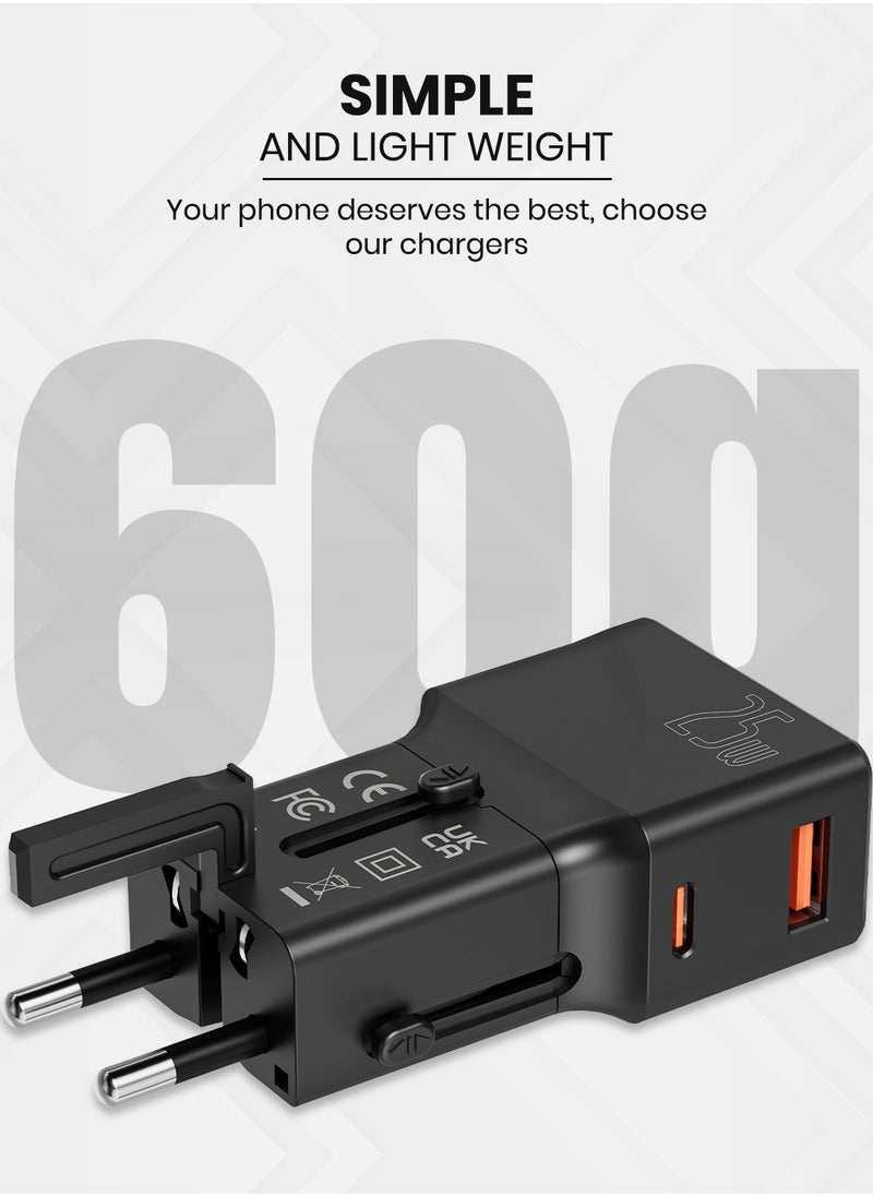 TIKNIA - TIKNIA Universal Travel Adapter 25W – All-in-One Worldwide Travel Plug Adapter – International Power Adapter with USB-C 25W and USB-A 18W Charging Ports for USA, UK, EU, AUS, CN, JP - Pocket Size - Image 1