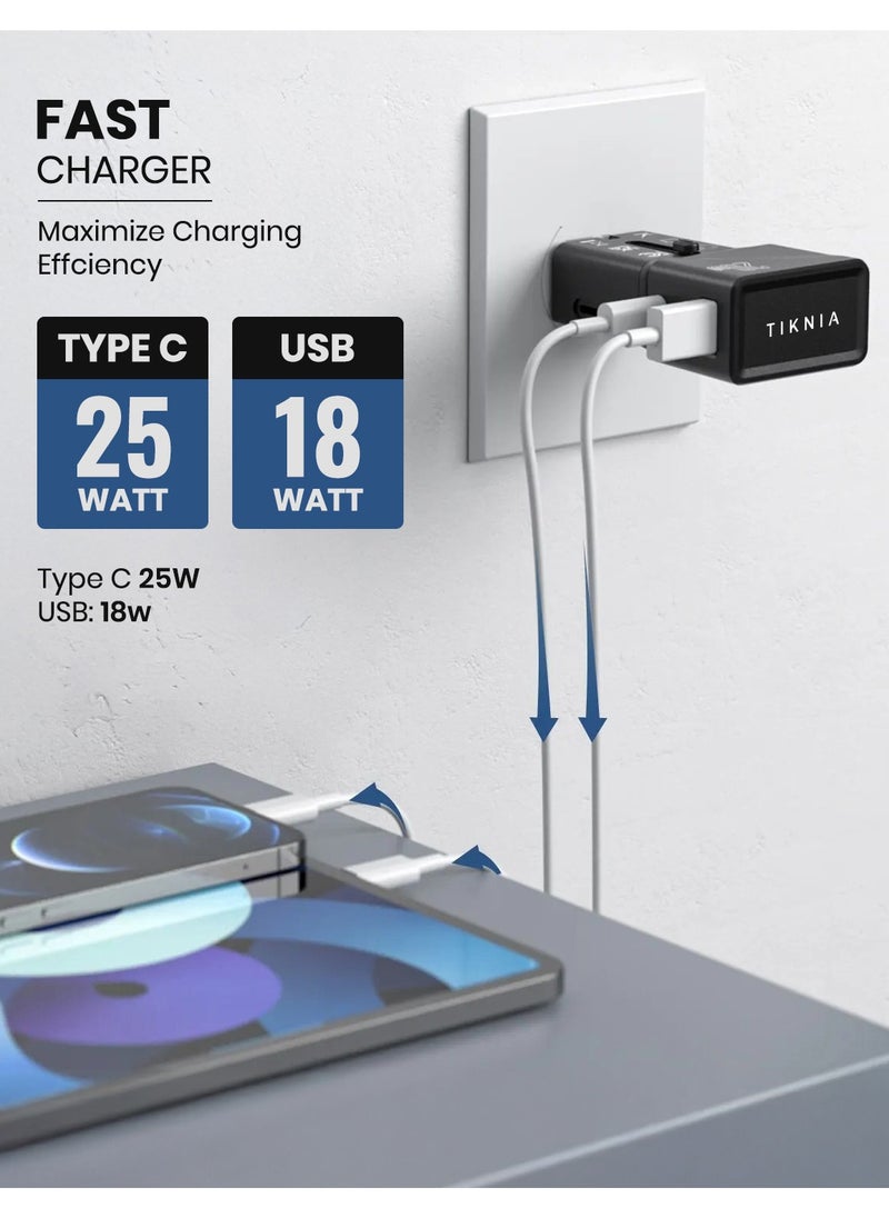 TIKNIA - TIKNIA Universal Travel Adapter 25W – All-in-One Worldwide Travel Plug Adapter – International Power Adapter with USB-C 25W and USB-A 18W Charging Ports for USA, UK, EU, AUS, CN, JP - Pocket Size - Image 1