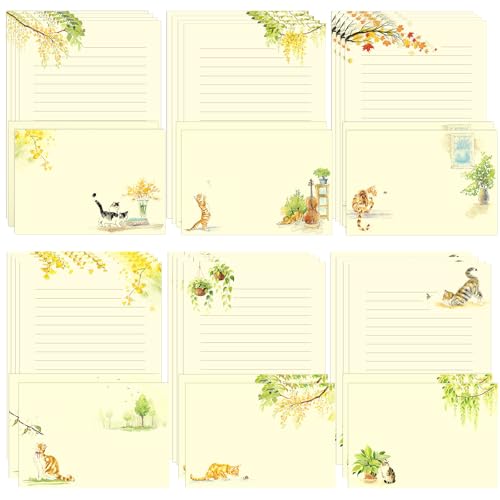 KSIWRE 36PCS Cat Theme Stationery Set, Warm Yellow Healing Style Letter Writing Paper with Cute Kitty Illustrations and Envelopes for Letters, Invitations, Holiday Greetings, Party Notes and Gifts - Image 1