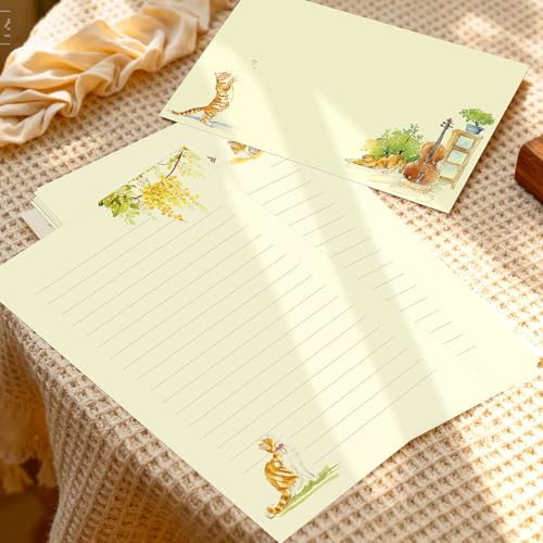 KSIWRE 36PCS Cat Theme Stationery Set, Warm Yellow Healing Style Letter Writing Paper with Cute Kitty Illustrations and Envelopes for Letters, Invitations, Holiday Greetings, Party Notes and Gifts - Image 3