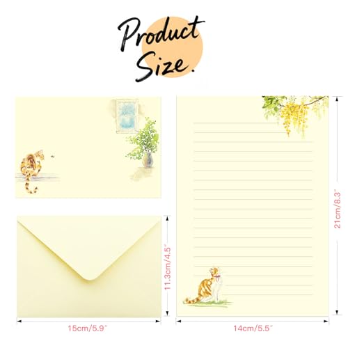 KSIWRE 36PCS Cat Theme Stationery Set, Warm Yellow Healing Style Letter Writing Paper with Cute Kitty Illustrations and Envelopes for Letters, Invitations, Holiday Greetings, Party Notes and Gifts - Image 5