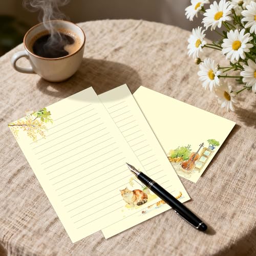 KSIWRE 36PCS Cat Theme Stationery Set, Warm Yellow Healing Style Letter Writing Paper with Cute Kitty Illustrations and Envelopes for Letters, Invitations, Holiday Greetings, Party Notes and Gifts - Image 4