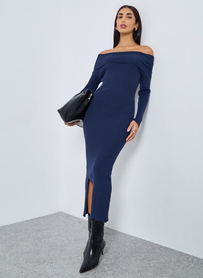 Styli Blue Bardot Neck Sweater Midi Dress - Image 2