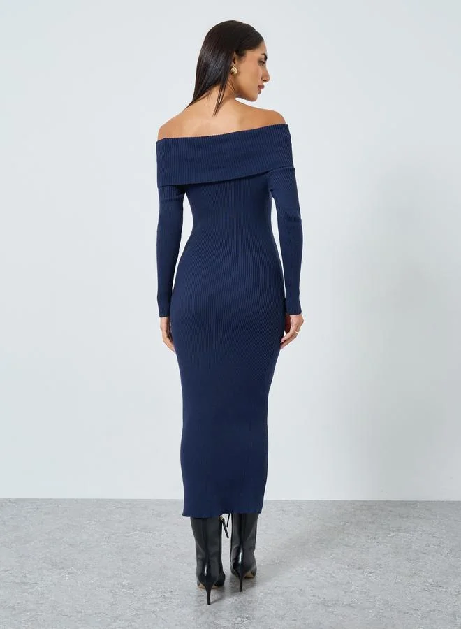 Styli Styli Blue Bardot Neck Sweater Midi Dress