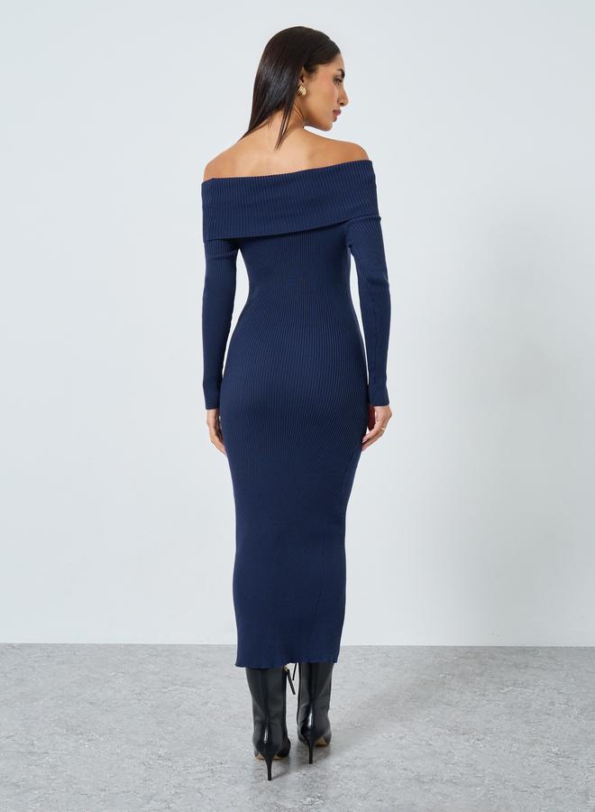 Styli Blue Bardot Neck Sweater Midi Dress - Image 5
