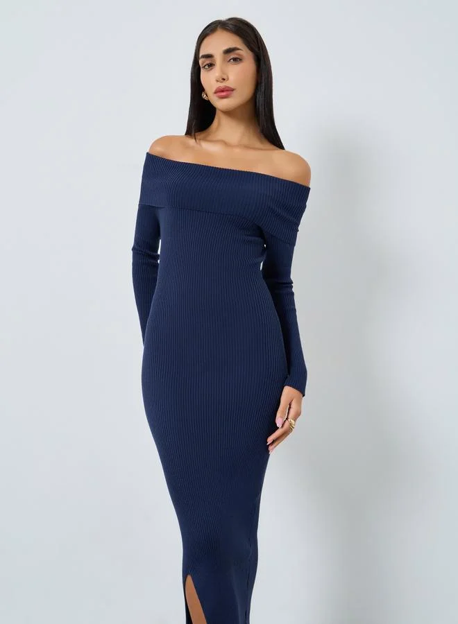 Styli Styli Blue Bardot Neck Sweater Midi Dress