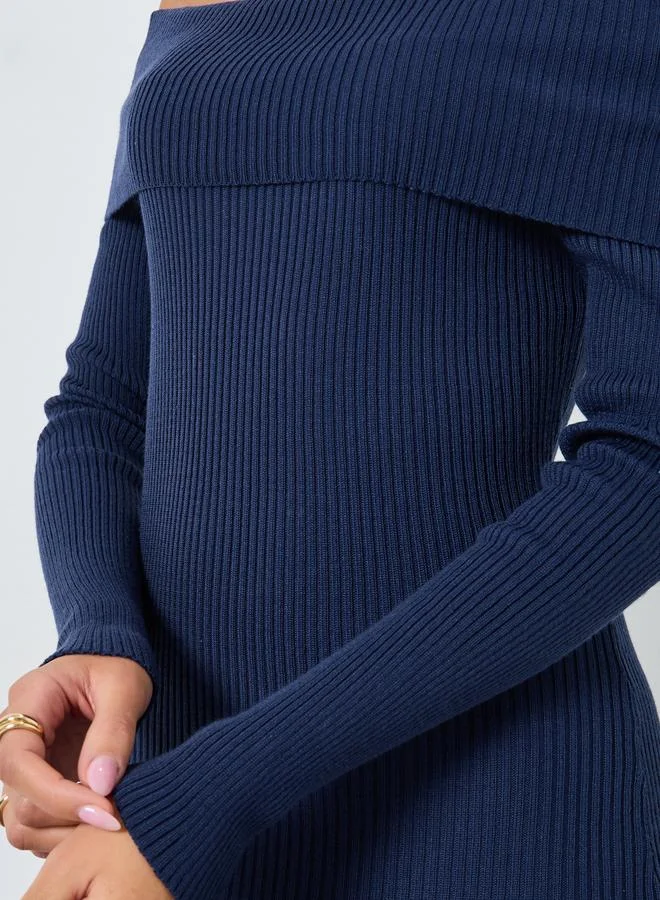 Styli Styli Blue Bardot Neck Sweater Midi Dress