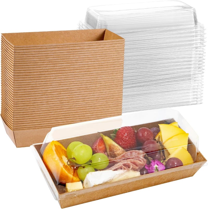 Leafiew 50 Pack 7.5x3.3 Inches Small Charcuterie Boxes with Clear Lids - To Go Paper Mini Treat Box, Charcuterie Boards Accessories, Dessert Boxes, Cookie, Cake Slice, Chocolate Strawberry, Donut (Brown) - Image 1