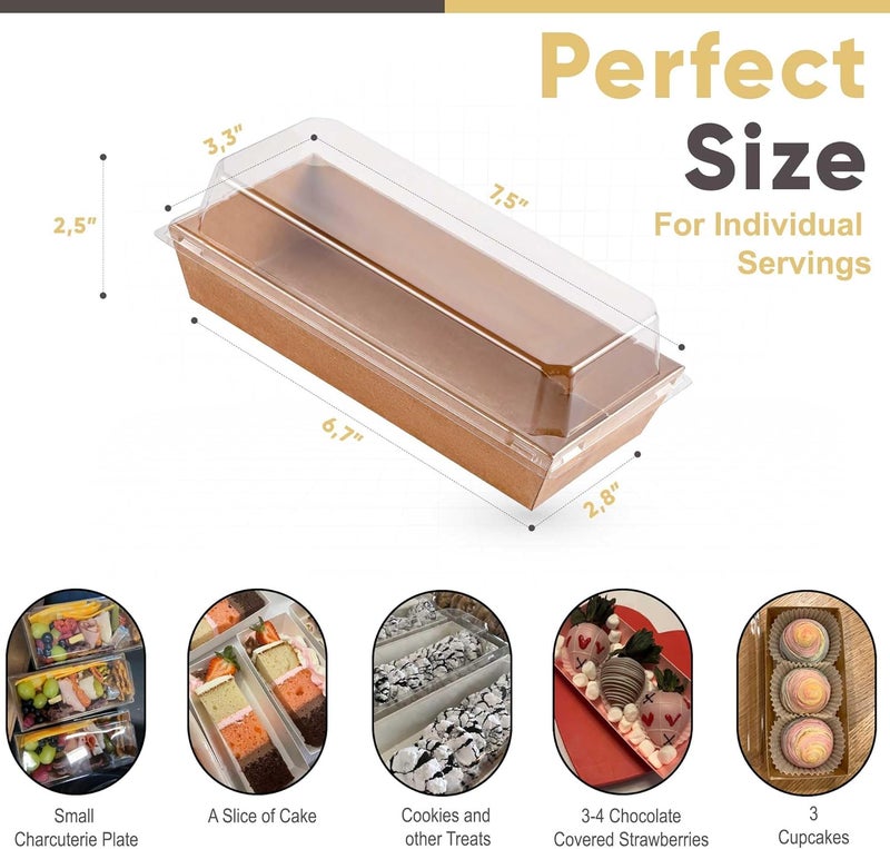 Leafiew 50 Pack 7.5x3.3 Inches Small Charcuterie Boxes with Clear Lids - To Go Paper Mini Treat Box, Charcuterie Boards Accessories, Dessert Boxes, Cookie, Cake Slice, Chocolate Strawberry, Donut (Brown) - Image 2