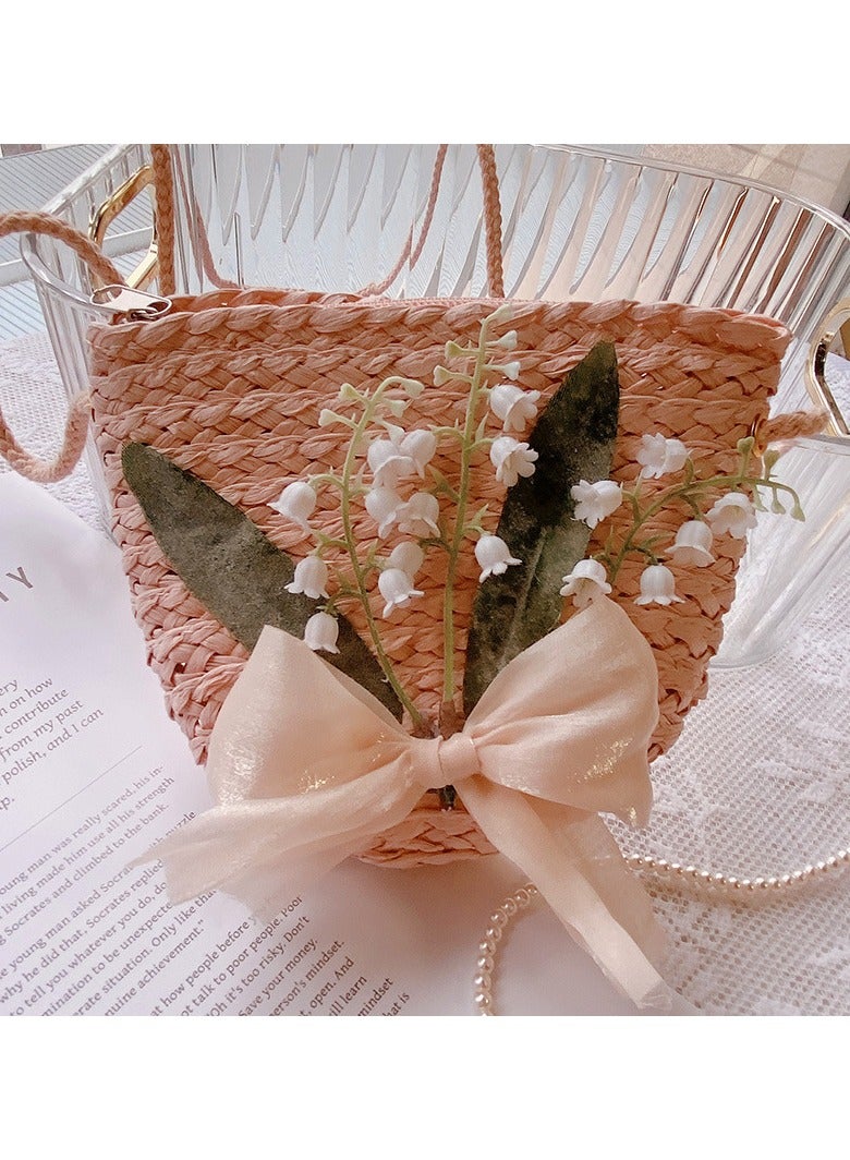 KUYING New Soft Girl Bell Orchid Bow Fantasy Grass Woven Bag 