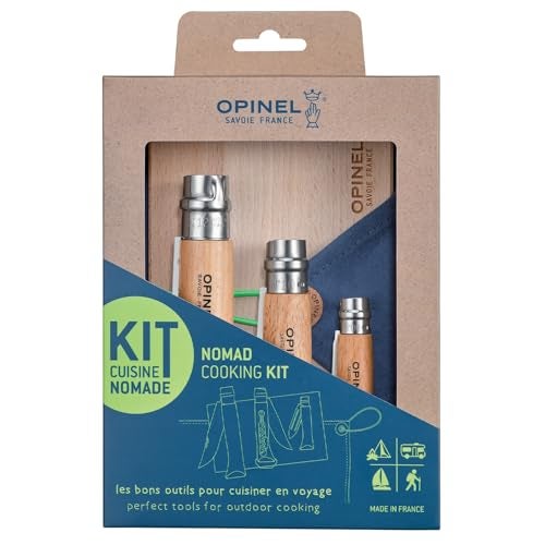 Opinel Nomad Camping Kitchen Utensil Kit, Includes No.12 Serrated Knife, No. 10 Corkscrew Knife, No. 6 Peeler, Cutting Board (New Version) - Image 1