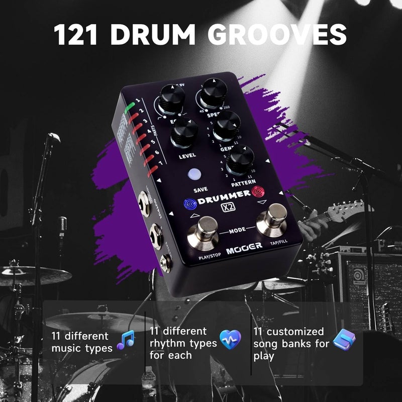 Mooer Drum Machine Guitar Pedal with 121 Drum Grooves 11 Music Styles 7 Rhythm Slots Fill Function Tap Tempo Knob for Electric Guitar Bass (X2) - Image 2