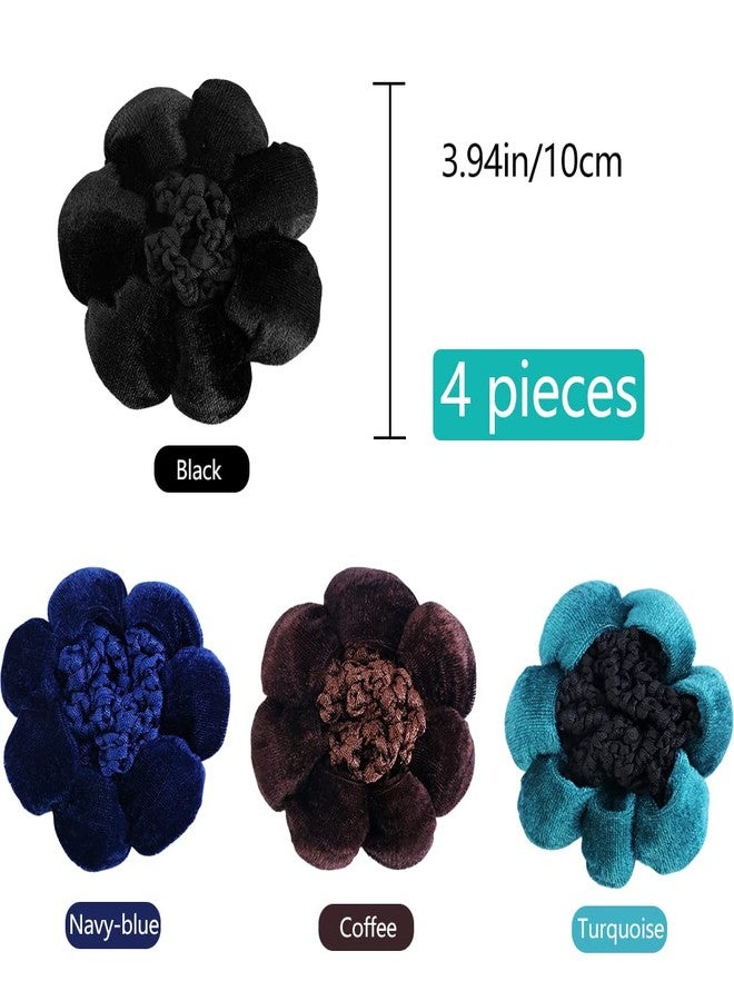 NAIHOD 4 Pcs Hair Snoods in Navy, Teal, Coffee - Fabric & Crocheted Net Hair Accessory for Women & Girls - Includes 4 Stylish Velvet-like Flower Hair Bun Covers for Professional, Neat Hair Bun - Image 3