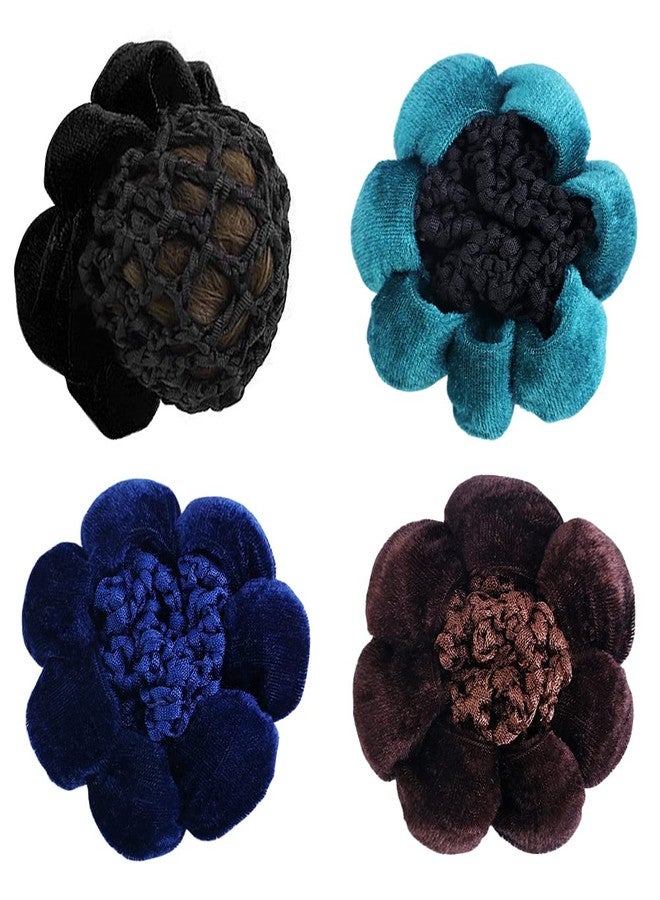 NAIHOD 4 Pcs Hair Snoods in Navy, Teal, Coffee - Fabric & Crocheted Net Hair Accessory for Women & Girls - Includes 4 Stylish Velvet-like Flower Hair Bun Covers for Professional, Neat Hair Bun - Image 1